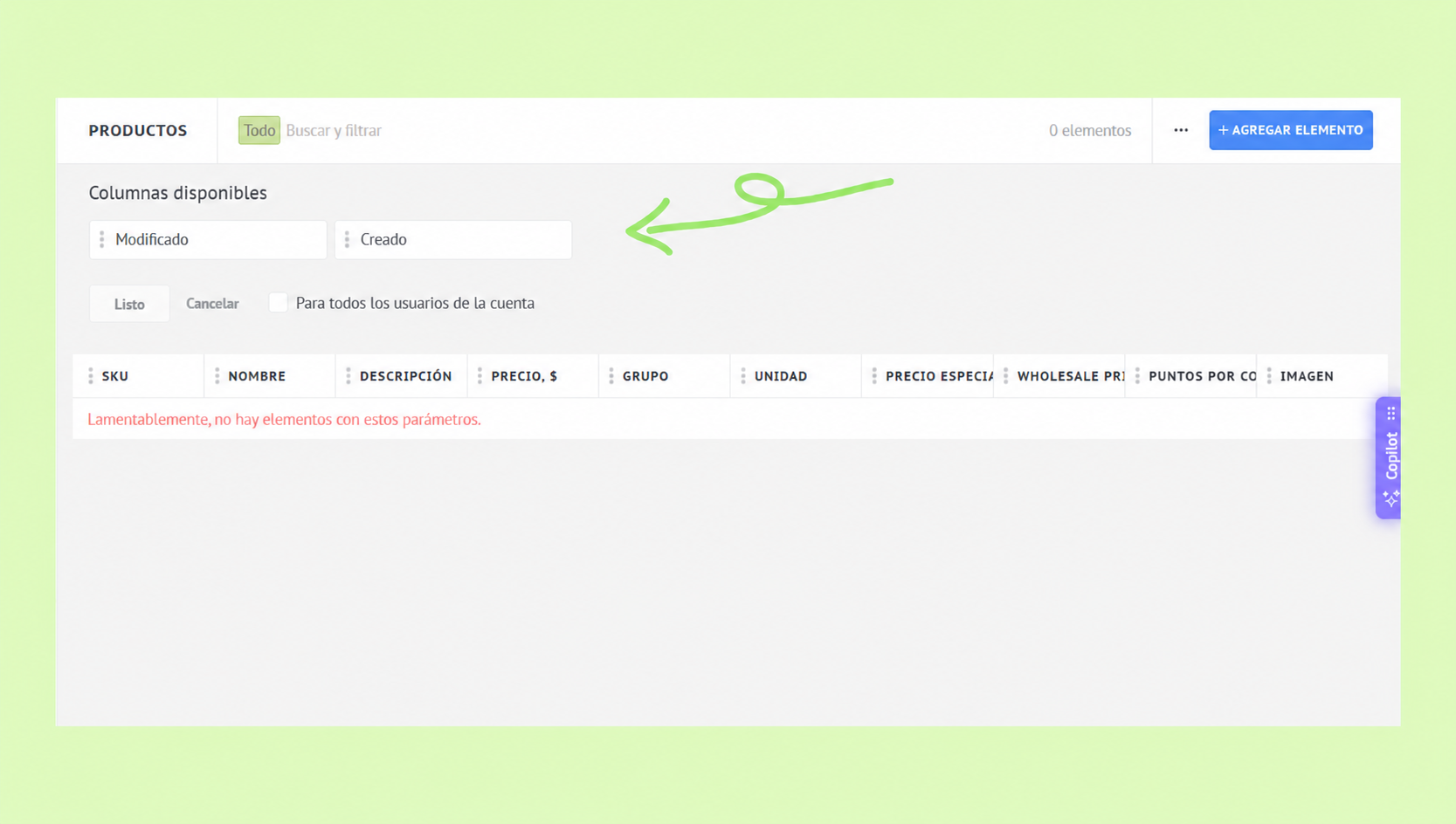 Product management interface showing available columns and a warning about missing elements.